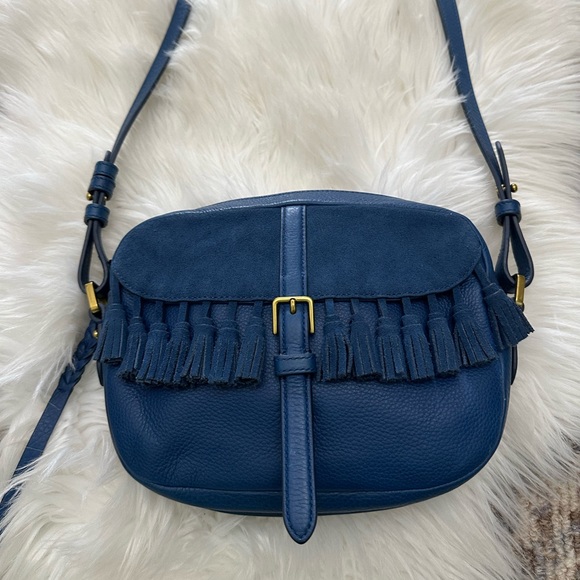 Fossil Kendall Blue Leather Tasseled Crossbody Boho Handbag - Picture 4 of 12